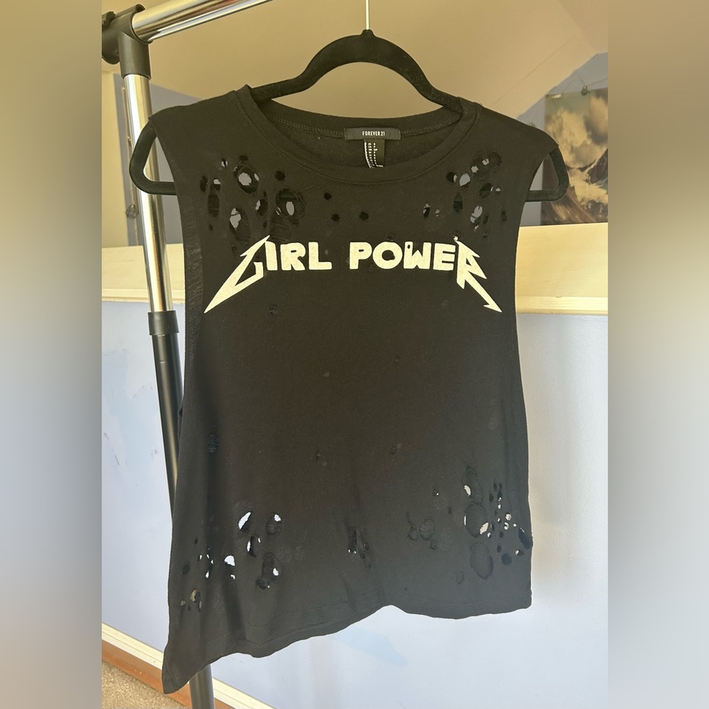 Forever 21 Girl Power Metallica Font Distressed Tank